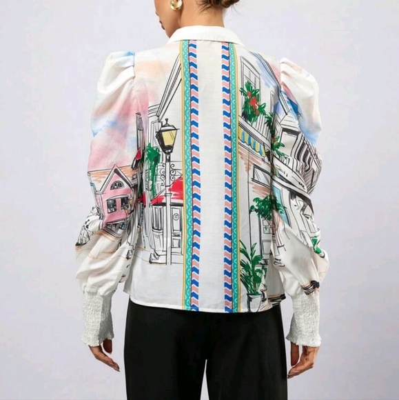 Painting Print Button Down Long Sleeve Shirt Button Up Shirt Women Long Sleeve - Picture 2 of 5